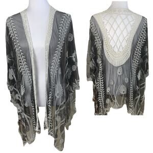 Romantic Mesh Embroidered Embellished Kimono Blouse Cover Up Boho Beach Evening